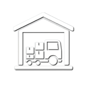 DALL E 2024 06 20 23.11.42 A solid white icon representing warehousing and distribution. The icon features a stylized image of a warehouse with stacked boxes and a delivery truc removebg preview
