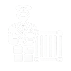 DALL E 2024 06 20 23.14.11 A solid white icon representing customs services. The icon features a stylized image of a customs officer with a clipboard inspecting a cargo containe removebg preview