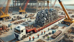DALL·E 2024 06 20 21.09.25 A busy construction site featuring a large truck transporting oversized cargo. The truck a flatbed with multiple axles is loaded with heavy machiner