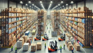 DALL·E 2024 06 20 21.11.42 A large distribution warehouse with numerous rows of shelves stacked with various goods and products. Forklifts and workers in high visibility vests a