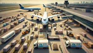 DALL·E 2024 06 20 21.14.56 A wide angle view of international air freight transport. The scene is set at a major airport with several large cargo planes on the tarmac. Workers i