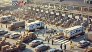 DALL·E 2024 06 20 22.19.24 A detailed scene of customs services at an international border. The setting includes a customs checkpoint with several lanes for vehicles some with