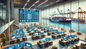 DALL·E 2024 06 20 22.21.57 A wide angle view of a ship agent office at a busy port. The scene includes a modern office building with large windows displaying the logos of variou